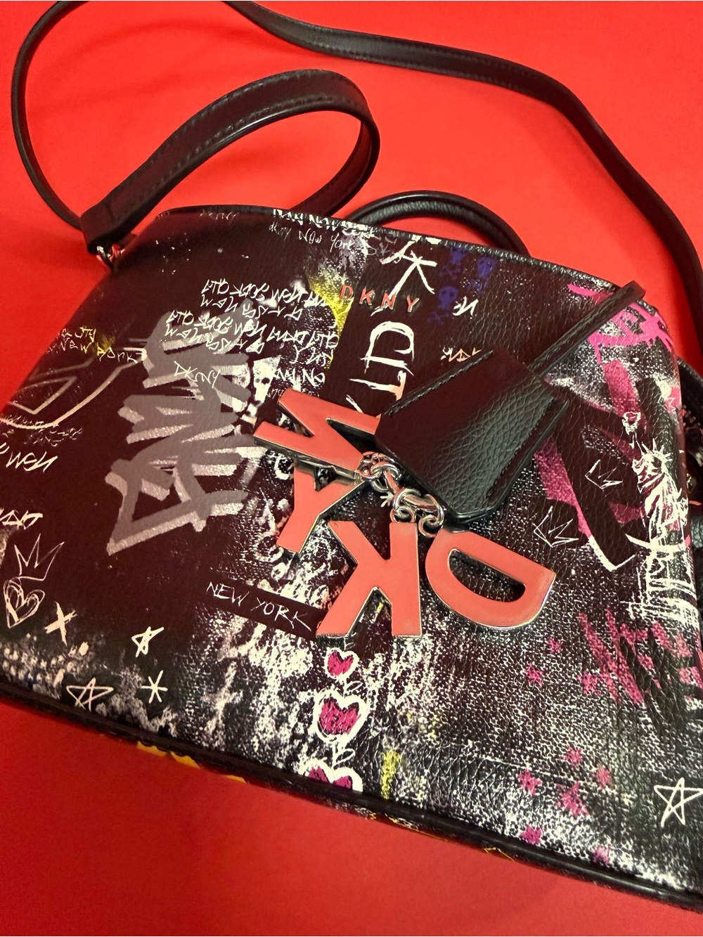 DKNY Graffiti Print Mini Satchel Crossbody Bag Black NYC Street Art Purse